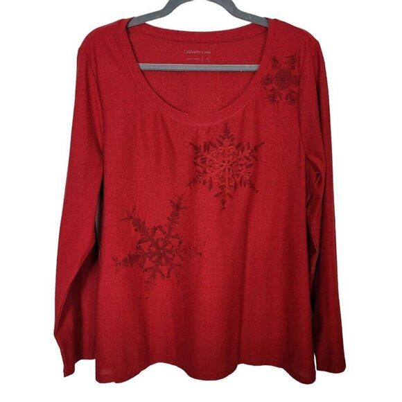 Coldwater Creek Sz XL 18 Shimmery Red Snowflake Printed Top Bead Embellished - Picture 1 of 13